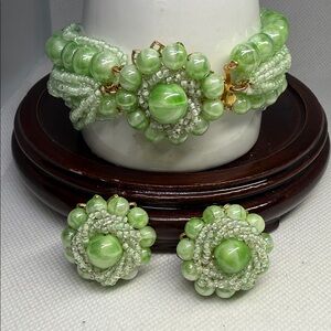 Marvella Bracelet & Clip On Earrings Green Beaded Vintage Signed 1950-1970